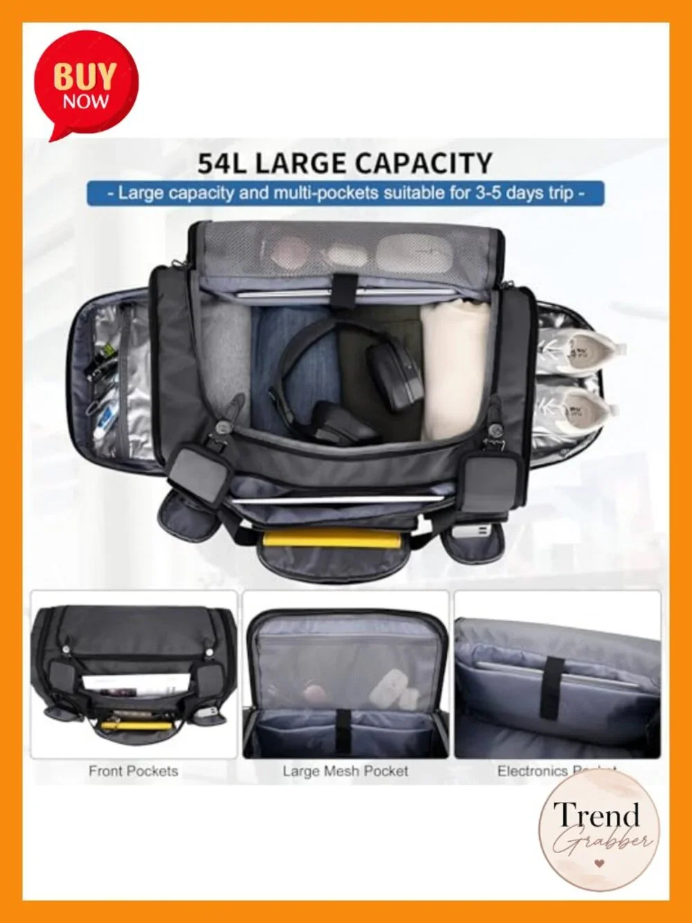 Men's 54L Large Travel Duffel Bag Water-Resistant Nylon with Shoe Compartment,